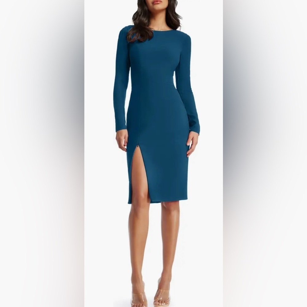 NWOT DRESS THE POPULATION Nadia Long Sleeve
Scoop Back peacock blue Dress sz M